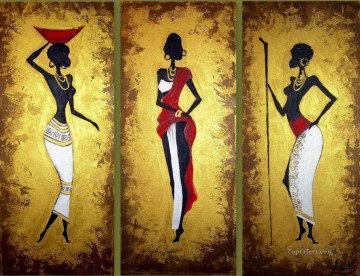  gras Pintura al %C3%B3leo - Mujeres negras con polvo de oro en tríptico africano.